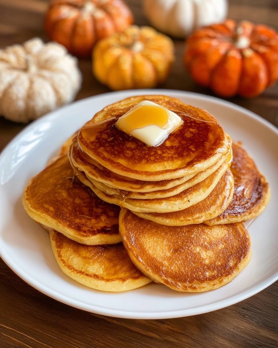 A stack of seven golden brown pancakes sits on a white plate, arranged with some overlapping each other. On top of the middle pancake is a small square of yellow butter that is melting slightly, with thick amber syrup flowing over the butter and drizzling down onto the other pancakes. The pancakes have a soft, fluffy texture with a lightly browned surface. The plate is set on a wooden table with soft decorative pumpkins in orange and cream colors surrounding it. photo taken with an iphone --ar 4:5 --v 7