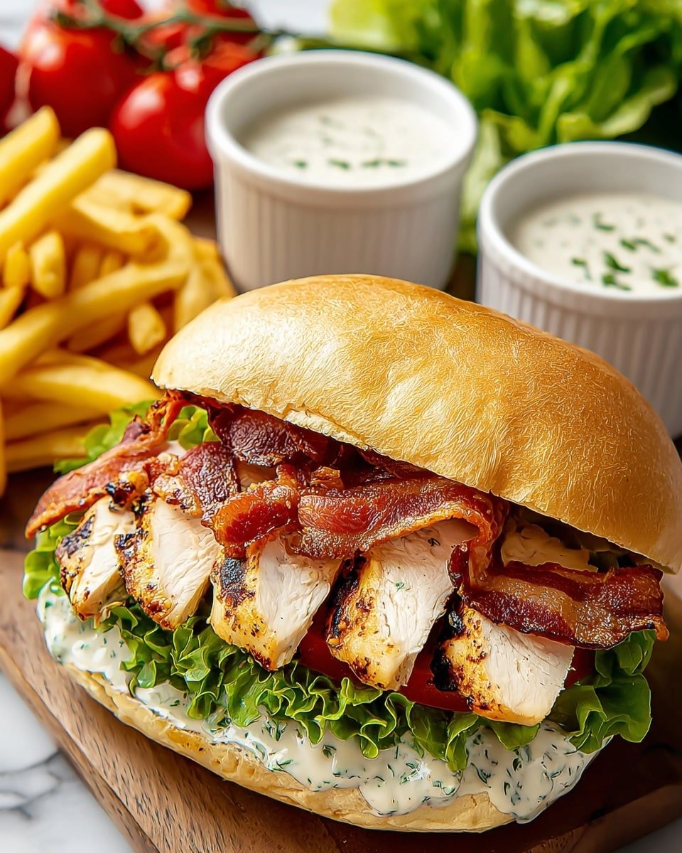 The image shows a sandwich layered inside a soft, golden-brown bun. The bottom layer is a spread of light mayo sauce with specks of herbs. Above the spread, there is a fresh green lettuce leaf that peeks out from the sides. On top of the lettuce, there are thick slices of grilled white meat with a light char, mixed with crispy reddish-brown bacon strips. The top half of the bun rests closed over the filling, and in the background, there are two small white ramekins with white sauce speckled with herbs, red cherry tomatoes, yellow fries, and a leafy green vegetable on a white marbled surface. photo taken with an iphone --ar 4:5 --v 7