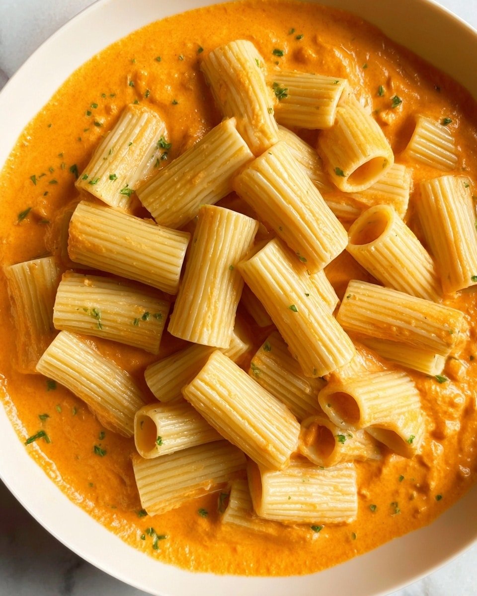 The image shows rigatoni pasta on top of a creamy orange sauce in a white bowl. The pasta pieces are tube-shaped with ridges, and they sit scattered across the middle of the bowl, with the sauce filling the bottom and visible around the edges. The sauce has a smooth texture with some small herb pieces sprinkled in. The white bowl contrasts with the bright orange sauce, and the background surface is a white marbled texture. photo taken with an iphone --ar 4:5 --v 7