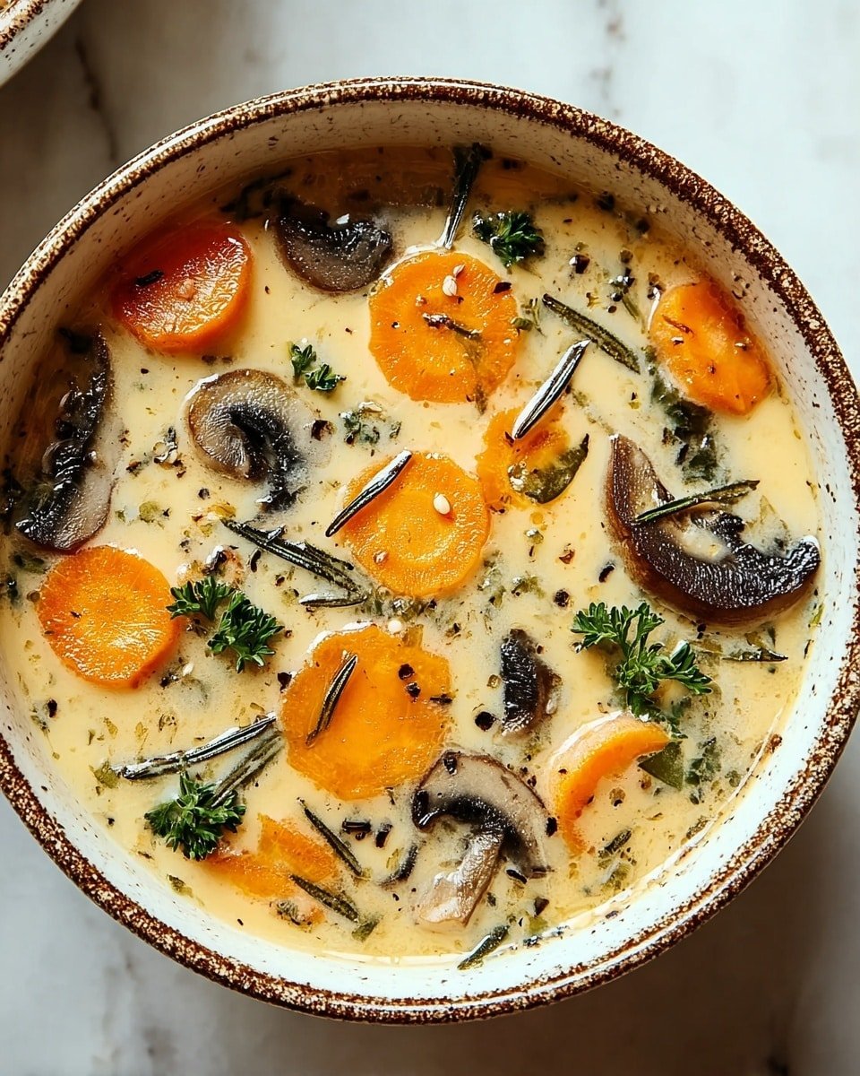 A bowl of creamy soup filled with bright orange carrot slices and dark brown mushroom pieces, floating in a light beige broth with small black pepper specks and thin rosemary leaves scattered on top. There are also green parsley leaves adding color contrast. The bowl is white with a speckled brown rim, sitting on a white marbled surface. photo taken with an iphone --ar 4:5 --v 7