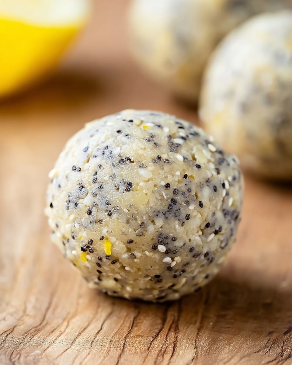 A close-up of a single round ball-shaped snack with a light beige base speckled with tiny black poppy seeds and small bits of yellow and white grains, giving it a textured look. The surface appears slightly moist and sticky, with visible small seeds and grains embedded throughout. Two more similar balls are softly blurred in the background, resting on a smooth wooden surface with natural grain lines. A small blurred yellow lemon wedge is partly visible in the top left background. The focus is sharp on the front ball, highlighting its detailed texture and seed distribution. Photo taken with an iphone --ar 4:5 --v 7