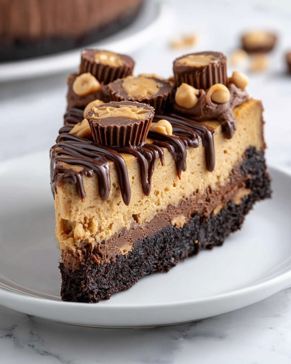 A slice of dessert with three main layers sits on a white plate on a white marbled surface. The bottom layer is thick and dark brown with a crumbly texture, the middle layer is lighter brown, smooth and dense like peanut butter cookie dough, and the top layer is decorated with drizzle lines of dark chocolate sauce. Small round peanut butter chocolate cups with a creamy peanut center and some peanut pieces are placed on top, adding texture and height. photo taken with an iphone --ar 4:5 --v 7