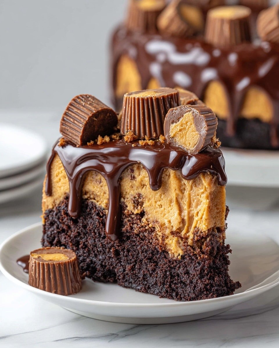 A slice of cake is shown on a white plate sitting on a white marbled surface. The cake has two main layers: a bottom dark brown chocolate layer with a soft texture, and a middle light brown peanut butter layer with a creamy look. On top, there is thick dark chocolate sauce dripping down the sides. The cake slice is decorated with several halved peanut butter cups placed on the chocolate sauce, adding texture and color contrast. The whole scene is bright and clear, with the background showing the full cake blurred out. photo taken with an iphone --ar 4:5 --v 7
