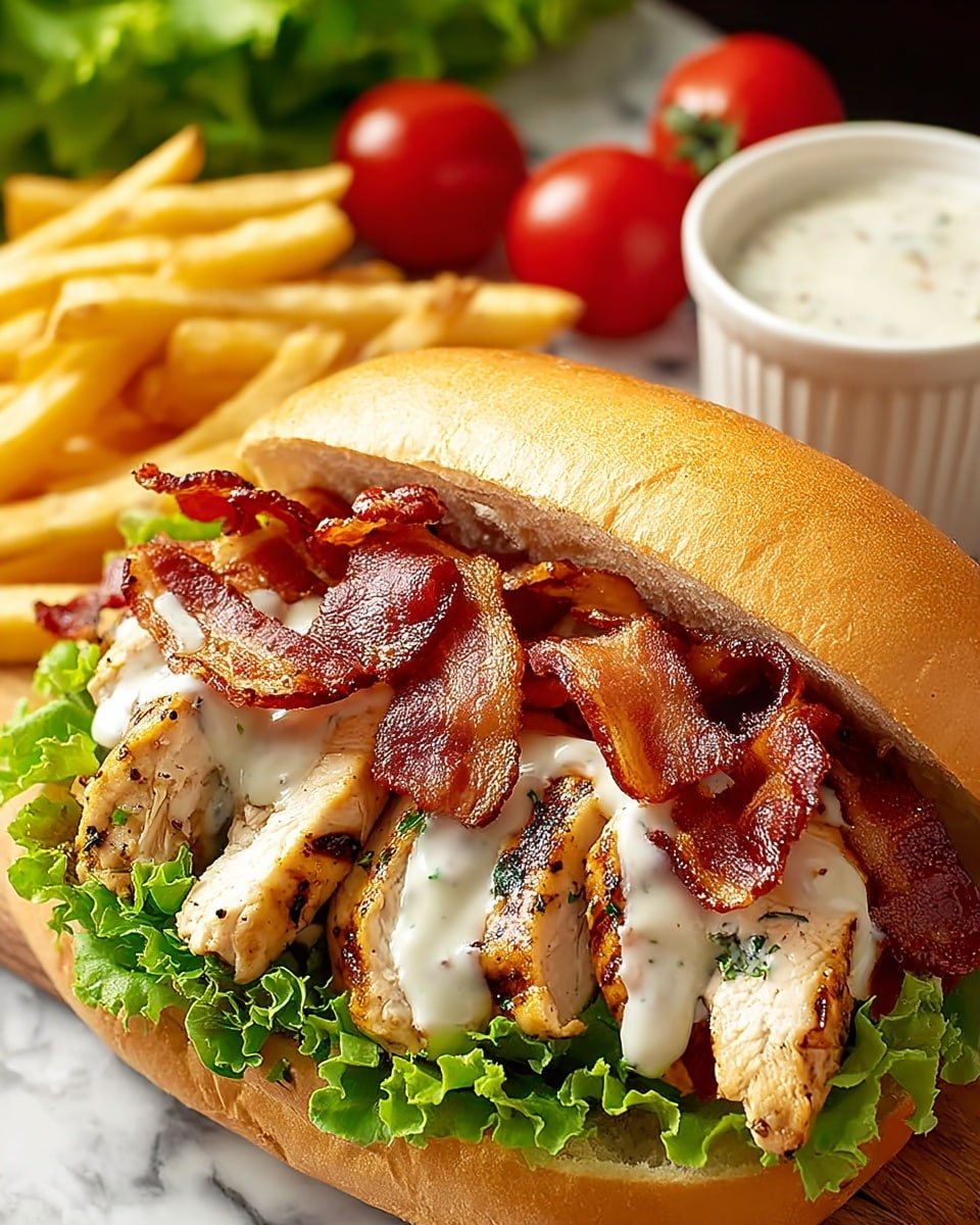 The image shows a sandwich with three main layers inside a golden brown bun. The bottom layer is fresh green lettuce with ruffled edges, the middle layer includes grilled pieces of chicken with a light brown sear, and the top layer has crispy strips of reddish-brown bacon. White sauce with herbs is drizzled over the bacon. The sandwich is on a white marbled surface, with a small white cup filled with creamy white dipping sauce, golden fries, two bright red cherry tomatoes, and some green lettuce leaves in the background, all slightly out of focus. photo taken with an iphone --ar 4:5 --v 7