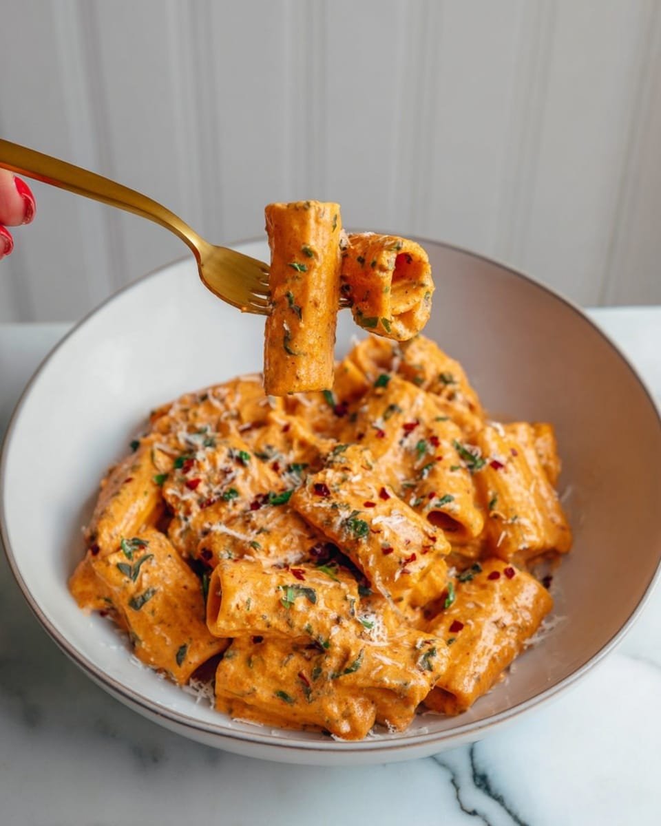A close-up view of a white bowl filled with rigatoni pasta coated in a thick orange creamy sauce with green herb flecks. The pasta pieces are tube-shaped and fully covered in the sauce, sprinkled with grated cheese and small red chili flakes on top. A golden fork held by a woman's hand lifts several pasta tubes from the bowl, showing the sauce's rich texture and bits of herbs. The background is simple with white vertical lines and the bowl rests on a white marbled surface. photo taken with an iphone --ar 4:5 --v 7