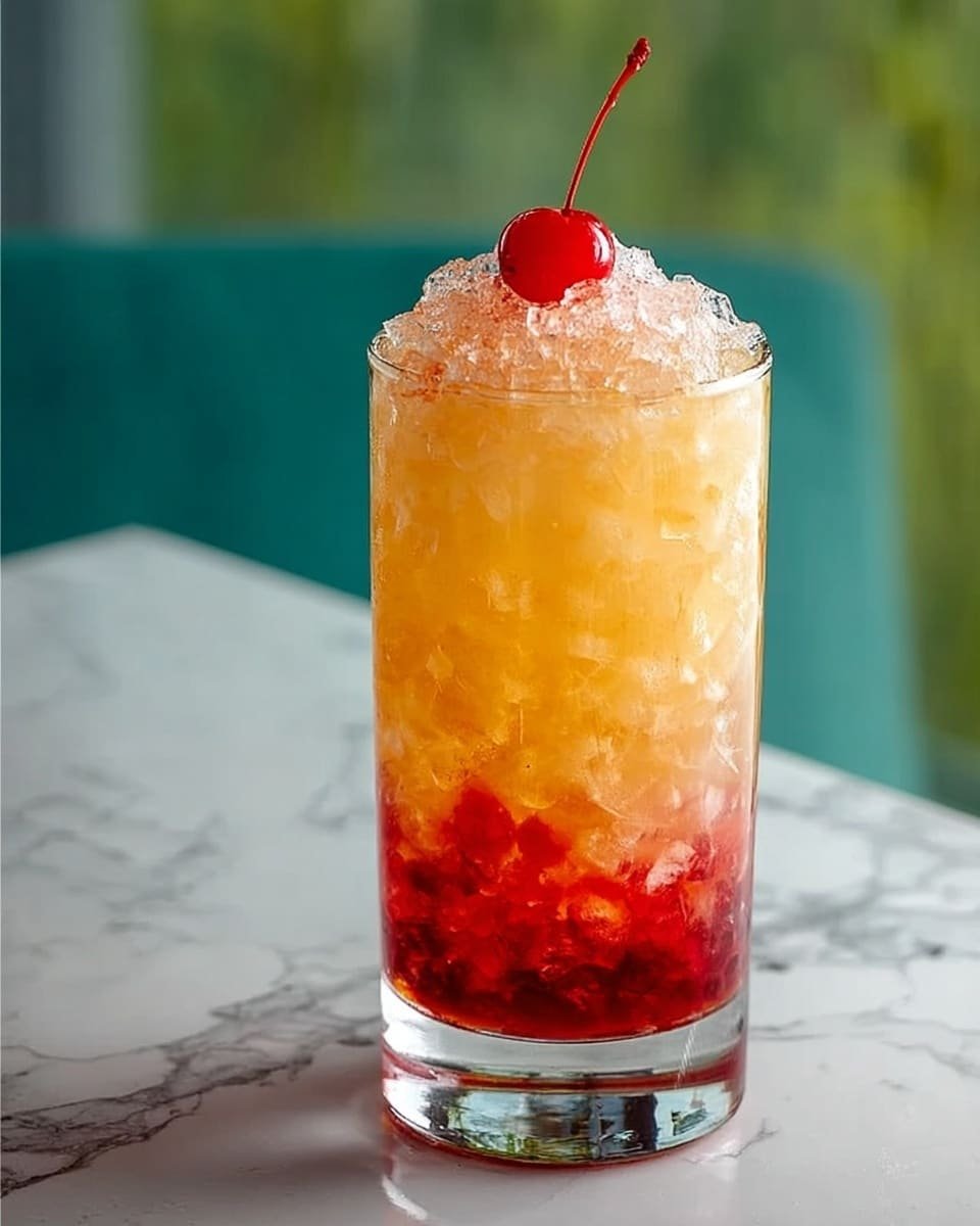 A tall clear glass filled with crushed ice and a layered drink. The bottom layer is bright red with a few red fruit pieces, the middle layer is orange, and the top layer is a pale yellow color. The glass is topped with more crushed ice and a single red cherry with a stem on top. The glass sits on a white marbled surface with a green blurred background visible behind it. Photo taken with an iphone --ar 4:5 --v 7