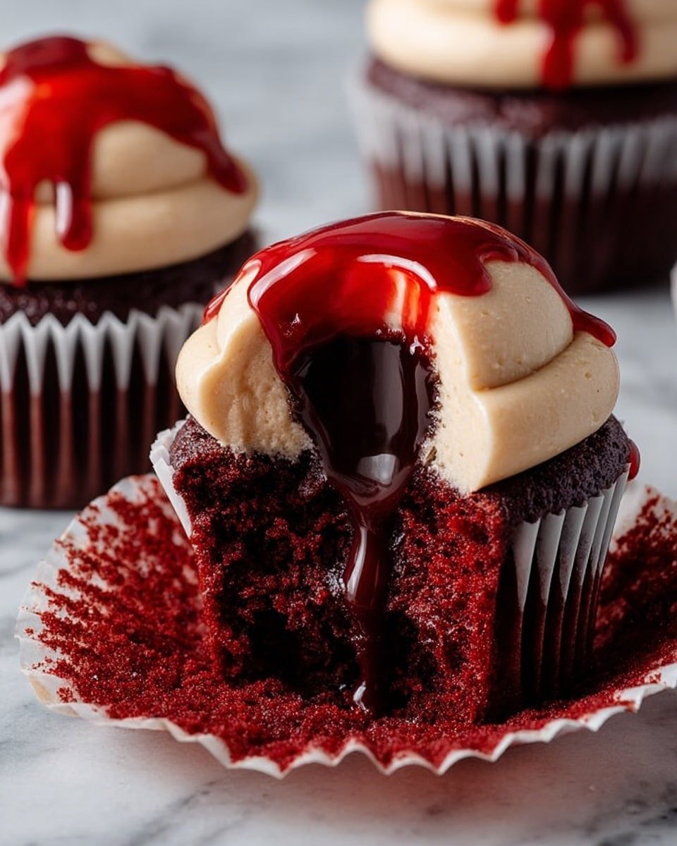 A dark red cupcake in a white cupcake liner is shown with a bite taken out of it. The cupcake has three layers: the deep red moist cake at the base, a shiny dark chocolate liquid center filling that is spilling out, and a thick light beige frosting dome on top. Bright red syrup is drizzled over the frosting, with some of it running down the sides. Behind, there are two more similar cupcakes with the same layers and topping. The background surface is a white marbled texture. photo taken with an iphone --ar 4:5 --v 7