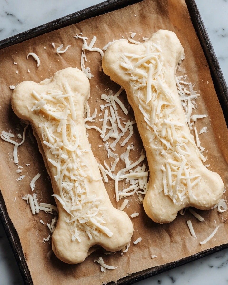 Two raw dog bone-shaped biscuits lie side by side on brown parchment paper covering a baking tray, each topped with scattered shredded white cheese. The dough is pale and smooth, with the cheese strands spread unevenly across the top and some pieces fallen onto the parchment around the biscuits. The scene is set on a white marbled surface. photo taken with an iphone --ar 4:5 --v 7