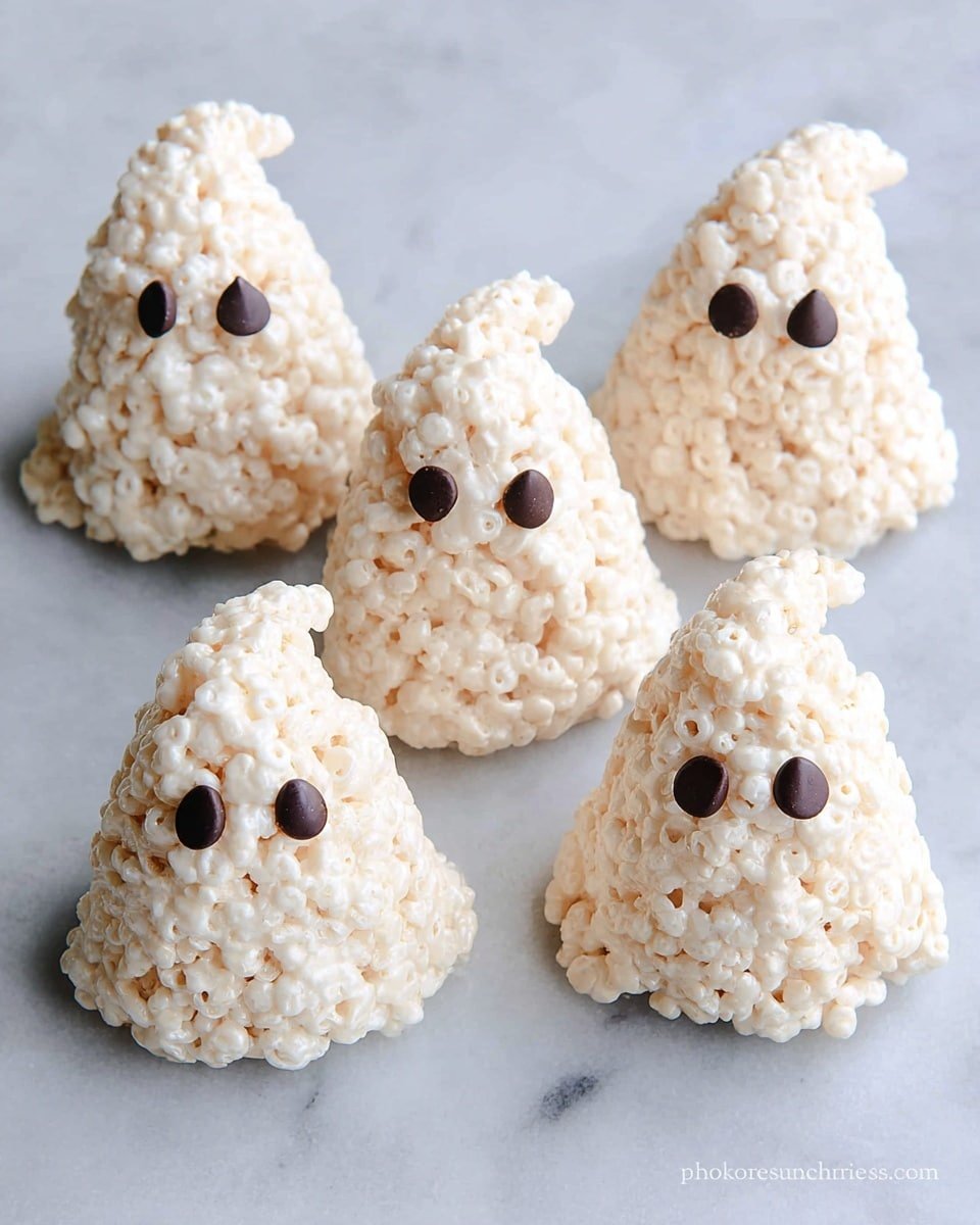 Five ghost-shaped treats made from puffed cereal and white coating are arranged closely on a white marbled surface. Each ghost has a rounded base with a pointy, curved top, resembling a classic ghost figure. They have two small dark chocolate drops placed near the top front, mimicking eyes. The texture is bumpy due to the cereal pieces, and the white coating gives a smooth but slightly shiny look. The background is a soft white marbled texture, highlighting the light color of the ghosts. photo taken with an iphone --ar 4:5 --v 7