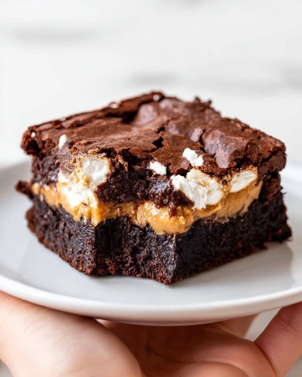 A square brownie slice on a white plate held by a woman's hand, showing three distinct layers: the bottom layer is dark, rich chocolate cake with a dense texture; the middle layer is a smooth, orange peanut butter filling; the top layer is a cracked, shiny chocolate crust with patches of melted white marshmallow visible through the cracks. The background features a white marbled texture. photo taken with an iphone --ar 4:5 --v 7
