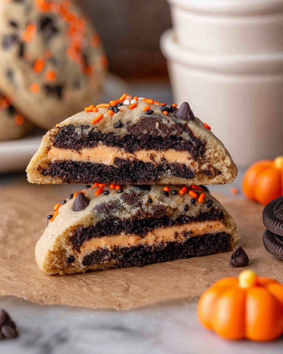 The image shows a close-up of a cookie cut in half, revealing its layers. The outer layer is light tan cookie dough with chocolate chips and small orange and black sprinkles embedded. Inside the cookie, there are two thick dark chocolate cookie layers with a bright orange cream filling sandwiched in between. The cookie halves rest on a brown parchment paper placed on a white marbled surface, with a blurred white stack of mugs on the right and what looks like small orange pumpkin-shaped candy and another chocolate cookie in the background. Photo taken with an iphone --ar 4:5 --v 7