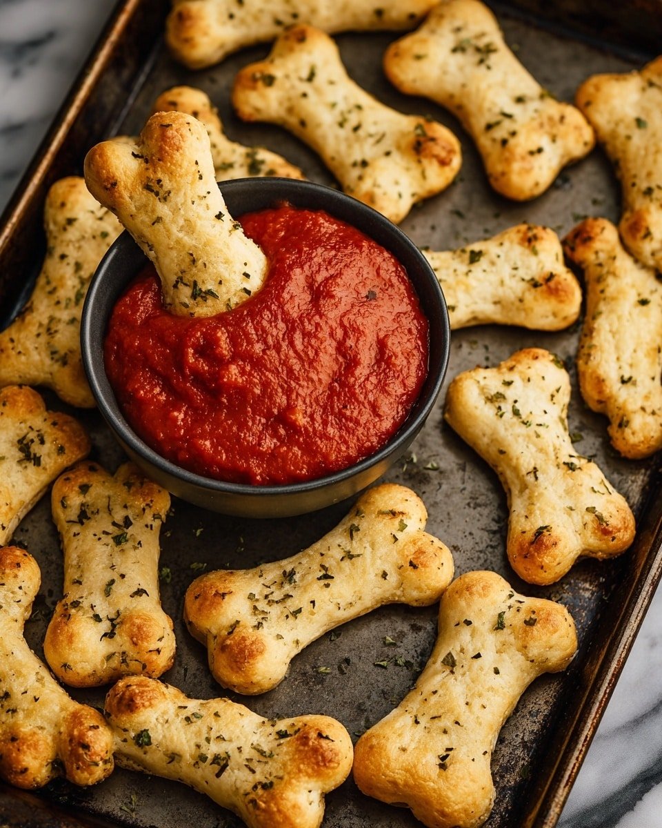 The image shows a dark baking tray filled with bone-shaped breadsticks that have a light golden-brown color with green herb flakes scattered across them. In the center of the tray, there is a small dark bowl filled with thick, red marinara sauce, creating a strong contrast with the breadsticks. The breadsticks have a rough texture with slightly browned edges, making them look crisp, while the tray surface appears well-used, adding a rustic touch. The background is changed to a white marbled texture. photo taken with an iphone --ar 4:5 --v 7