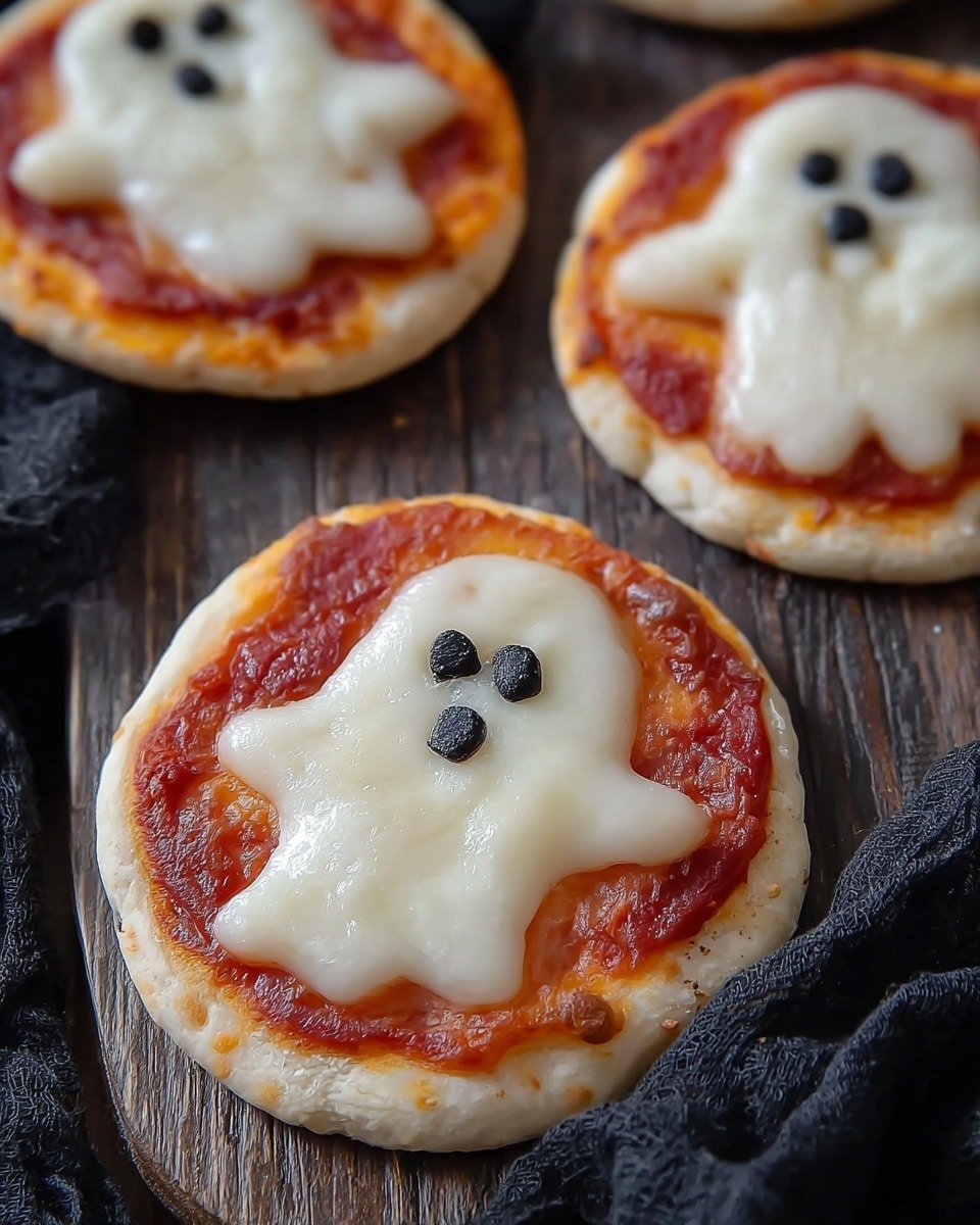 The image shows several small round pizzas on a wooden surface. Each pizza has three layers: a light golden-brown crust as the base, a layer of bright red tomato sauce topped with melted white cheese shaped like a ghost in the center. The ghost shape is smooth and slightly shiny with three black olive pieces placed as eyes and a mouth to give a spooky expression. The pizzas are arranged closely together with a dark striped cloth visible on the left side. The background surface is replaced with a white marbled texture. photo taken with an iphone --ar 4:5 --v 7