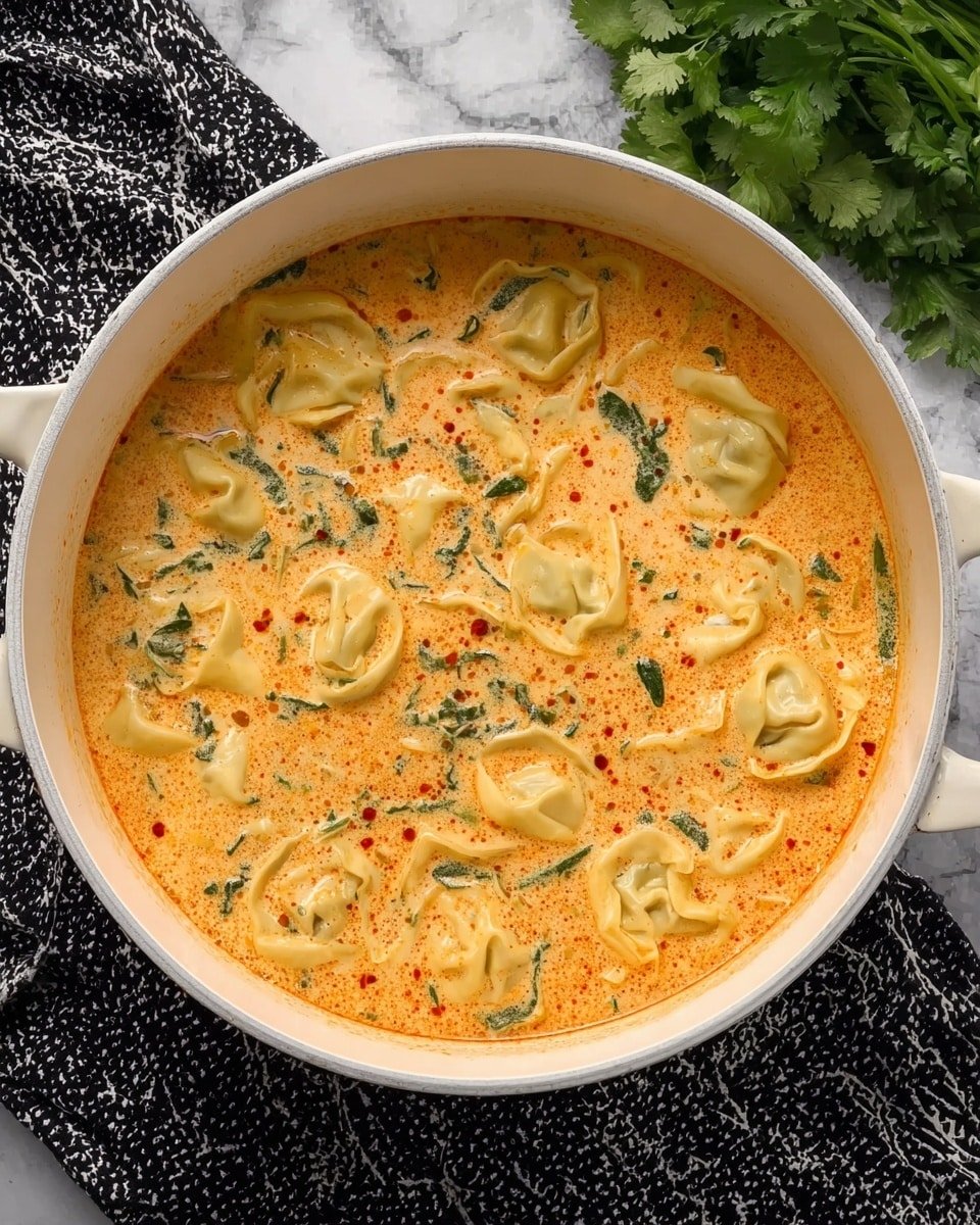 A white round pot filled with a warm creamy orange soup, around 15 light beige tortellini floating on the surface. The soup has a smooth texture with specks of red seasoning and bits of green herbs scattered throughout, adding fresh color contrast. The tortellini have soft, wrinkled edges and are slightly submerged but still visible. The pot sits on a white marbled surface with a black and white patterned cloth partially visible on one side and fresh green herbs in the top right corner of the image. Photo taken with an iphone --ar 4:5 --v 7