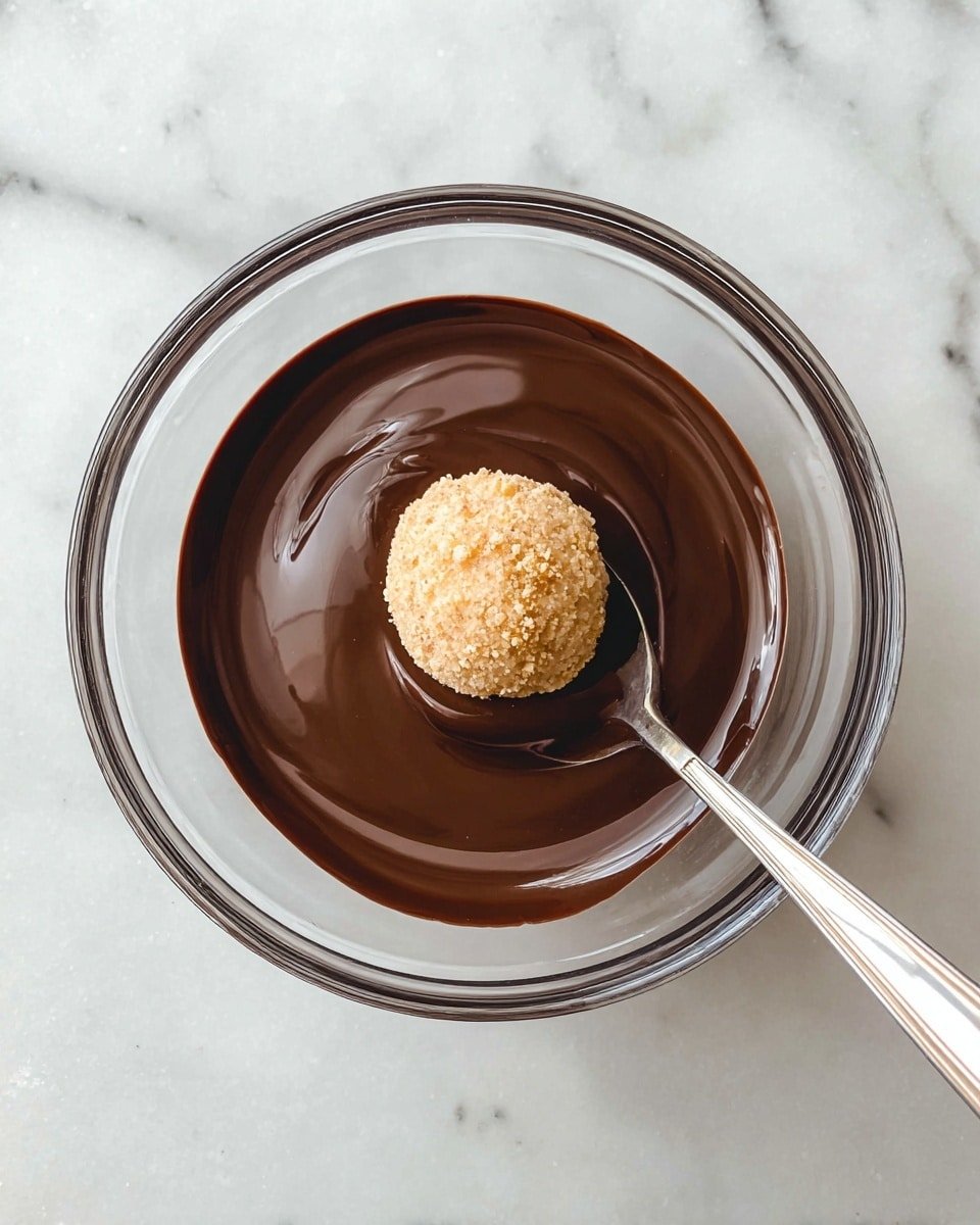 A clear glass bowl holds a smooth, dark brown melted chocolate layer that forms a thick and shiny base. In the center of the chocolate, a single round, light beige, crumbly textured ball rests on a silver spoon positioned diagonally inside the bowl. The bowl is placed on a white marbled surface. photo taken with an iphone --ar 4:5 --v 7