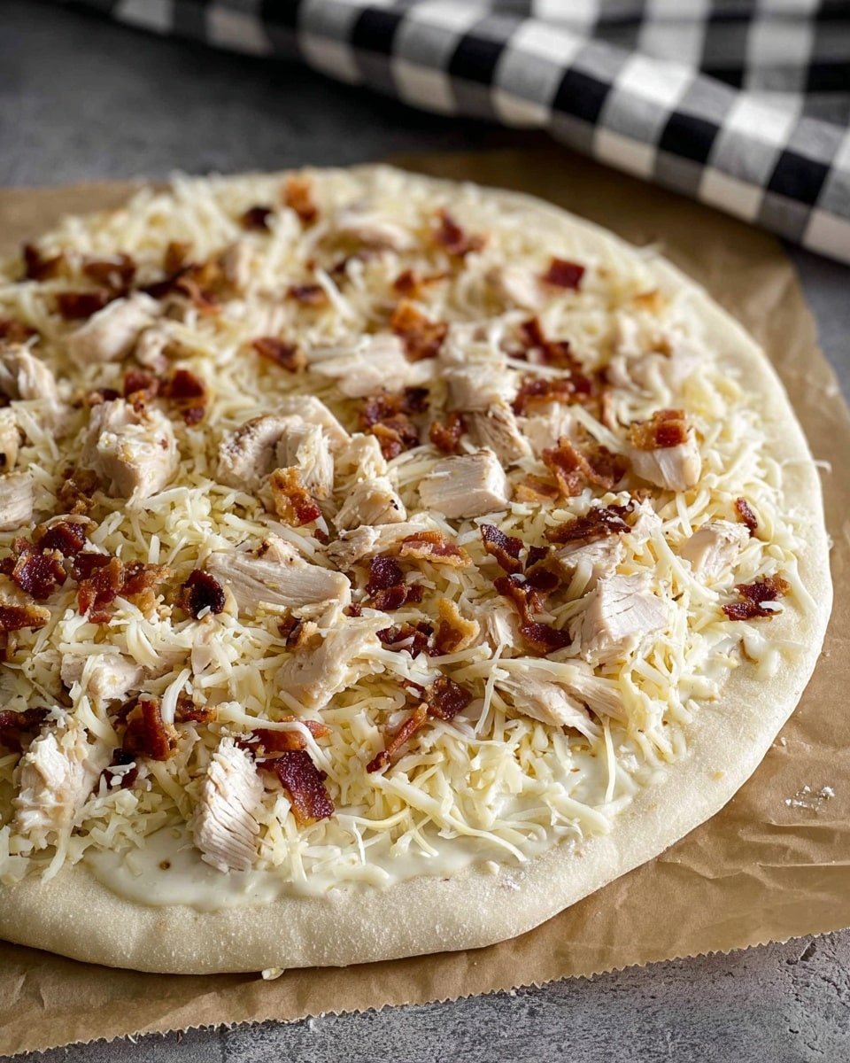 A round pizza with four visible layers sits on a piece of brown paper over a gray surface with a black and white checkered cloth in the background. The bottom layer is the smooth, pale dough with slightly risen edges. The second layer is a creamy white sauce spread thinly over the dough. On top of the sauce, a thick layer of shredded pale yellow cheese covers the pizza evenly. The final layer has small pieces of cooked light brown chicken and crispy dark brown bacon scattered all over the cheese. Photo taken with an iphone --ar 4:5 --v 7