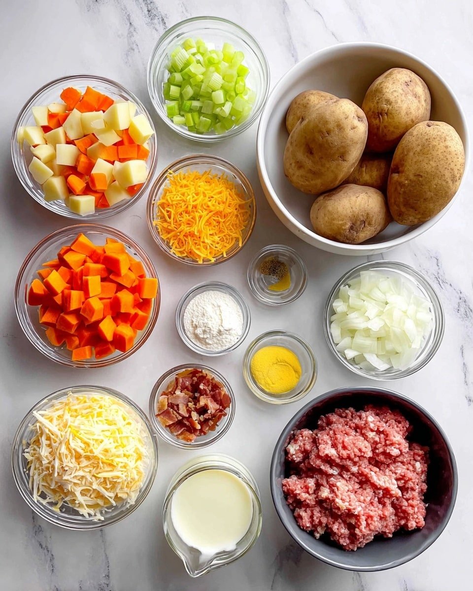 The image shows several small glass bowls arranged neatly on a white marbled surface, each containing different ingredients: bright orange cubed carrots, chopped pale green celery, crispy brown bacon bits, chopped white onions, creamy butter, shredded orange cheddar cheese, white flour, and black pepper with yellow mustard in tiny bowls. There is a larger white bowl filled with four whole brown potatoes, and a dark bowl filled with raw ground meat that is pinkish-red. Next to the bowls are two clear glass containers, one with a creamy white liquid and the other with a translucent pale yellow liquid. photo taken with an iphone --ar 4:5 --v 7