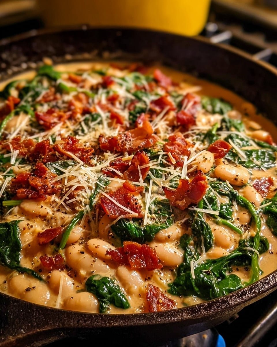 A close-up view of a skillet filled with a creamy mixture including white beans, vibrant dark green spinach leaves, and small pieces of crispy reddish-brown bacon scattered on top. The dish is covered with fine shreds of white cheese, melting slightly into the sauce. The sauce itself is light tan with a smooth, slightly thick texture and specks of black pepper all over. The skillet is dark and rustic, sitting on a stove with a blurred yellow background. photo taken with an iphone --ar 4:5 --v 7