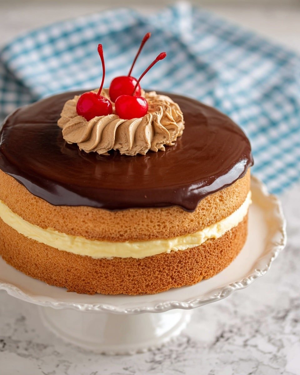 A three-layer round cake sits on a white cake stand with a scalloped edge against a white marbled surface with a blue and white checkered cloth in the background. The bottom and top layers are light brown sponge cake with a soft texture, while the middle layer is a thick, creamy light yellow filling. The top of the cake is covered with a smooth, shiny dark chocolate glaze. In the center, there is a swirl of light brown chocolate cream, topped with two bright red cherries with long stems. Photo taken with an iphone --ar 4:5 --v 7