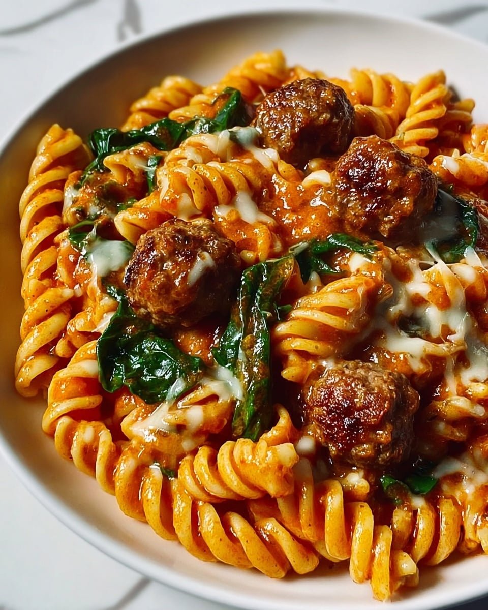 A white plate filled with spiral rotini pasta soaked in a rich orange-red sauce, topped with several browned, round meatballs that have a slightly crispy texture. Scattered among the pasta and meatballs are dark green spinach leaves, and melted white cheese drizzles over the dish, pooling slightly in the middle. The pasta and meatballs have a shiny, slightly oily surface, and the sauce has a thick consistency that clings well to everything. The plate sits on a white marbled surface. photo taken with an iphone --ar 4:5 --v 7