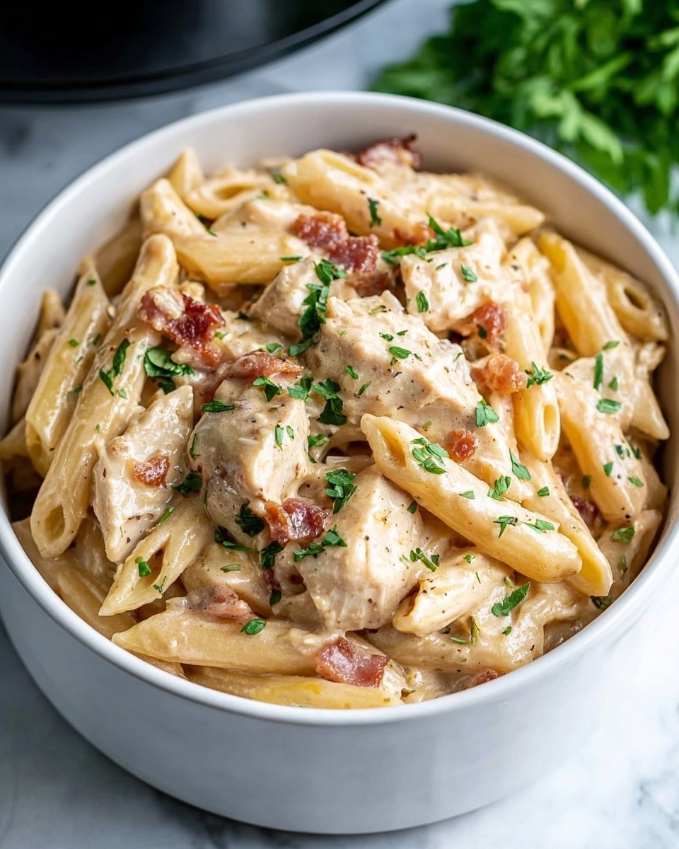 A white bowl filled with creamy pasta made of penne shapes covered in a light beige sauce. Mixed in are pieces of cooked chicken and small bits of bacon, with a light sprinkle of chopped green parsley on top. The sauce coats the pasta and chicken evenly, giving a smooth texture with some specks of seasoning. The bowl sits on a white marbled surface, with some green leaves blurred in the background. photo taken with an iphone --ar 4:5 --v 7
