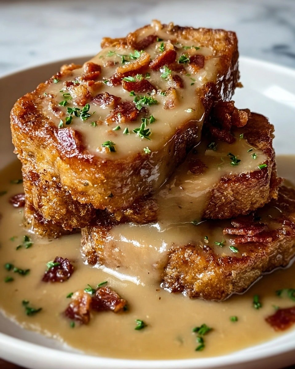 The image shows three thick slices of golden-brown fried meat stacked on a white plate, covered with a smooth light brown gravy that has small bits of crispy bacon and finely chopped green herbs sprinkled on top. The gravy spreads across the plate, pooling around the meat slices and giving a shiny, moist look. The edges of the meat are crispy and browned, contrasting with the soft, gravy-coated centers. The plate sits on a white marbled surface. photo taken with an iphone --ar 4:5 --v 7