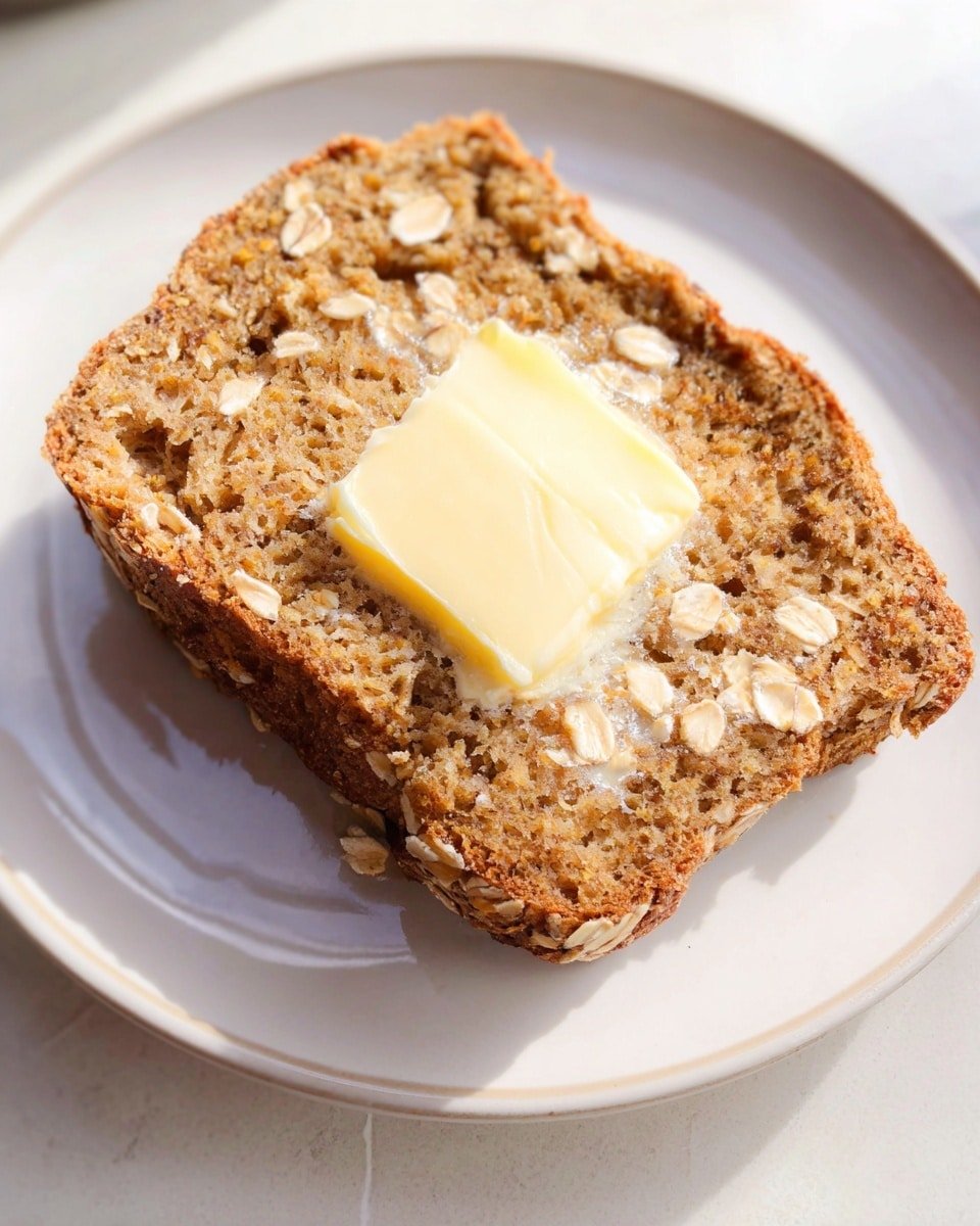 A single slice of a soft, moist brown oat bar with visible oats around the edges sits on a white plate with a smooth surface. The top layer has a creamy white spread, slightly melted over the rough texture of the oat bar. The bar has a small bite taken out from one corner, showing the dense, crumbled inside with oats and a slightly darker brown base. The scene is set on a white marbled background with soft natural light. photo taken with an iphone --ar 4:5 --v 7