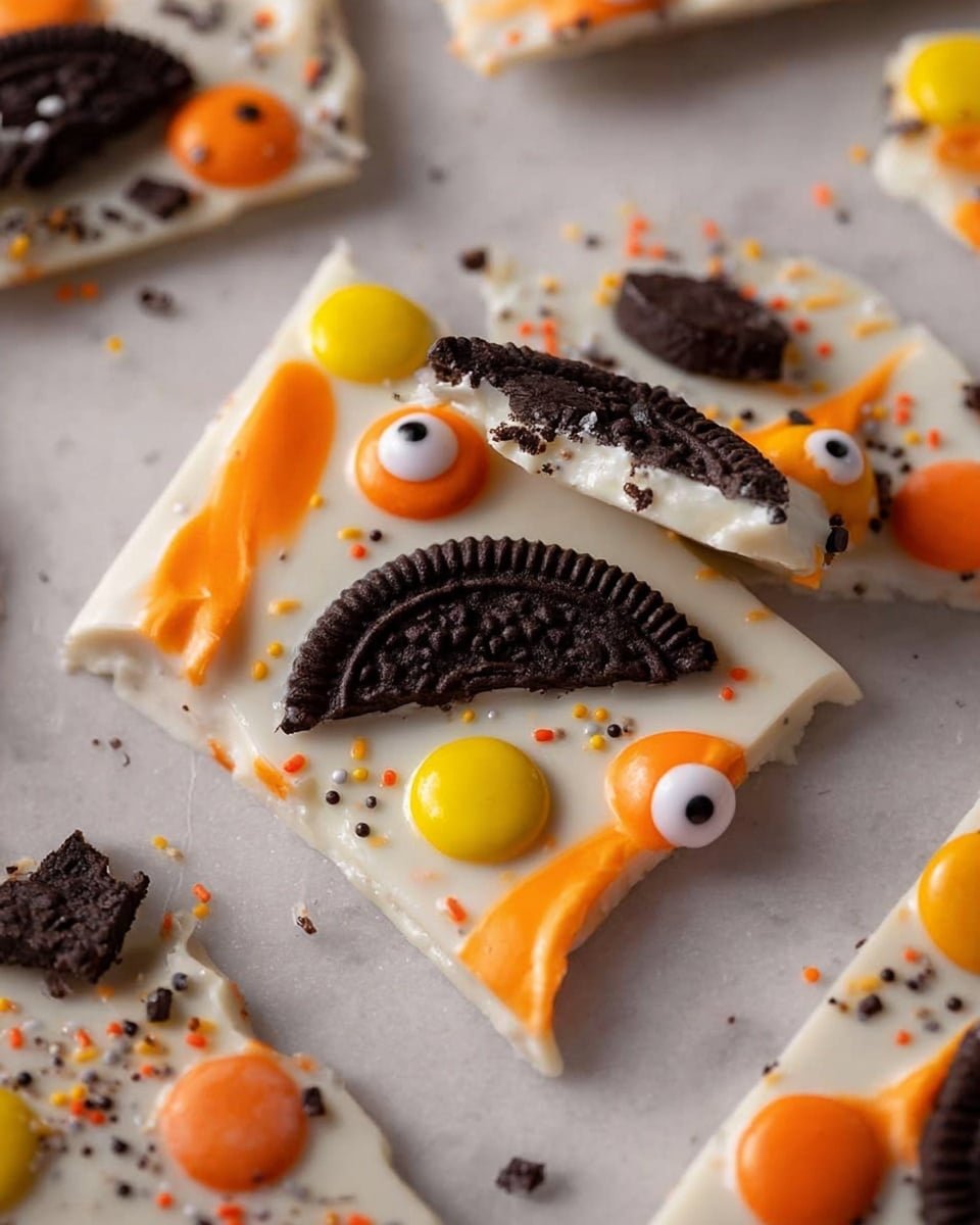 The image shows a close-up of white chocolate bark broken into irregular pieces, each piece decorated with whole or broken chocolate sandwich cookies filled with bright orange cream, colorful candy drops in orange, yellow, and brown, and small edible candy eyes scattered on top. The bark has a smooth, glossy texture with a few tiny sprinkles adding extra detail, all placed on a white marbled surface. Photo taken with an iphone --ar 4:5 --v 7