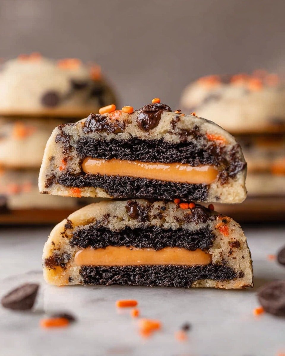The image shows a close-up of two halves of a cookie dough sandwich stacked on top of each other. Each half has three main layers: the outer cookie dough layer is light beige with small dark chocolate chips and orange sprinkles scattered throughout, the middle layer is a dark chocolate cookie, and inside the dark cookie is a bright orange cream filling. The cookie dough looks soft and slightly melting with some glossy melted chocolate chips on top. The background is a white marbled texture with blurred cookies in the distance. The photo taken with an iphone --ar 4:5 --v 7