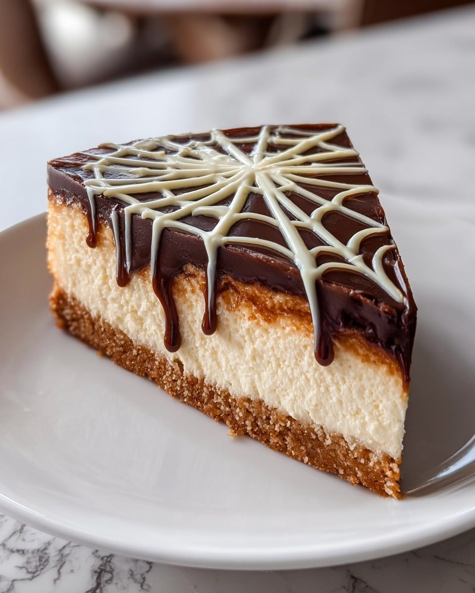 A slice of cake sits on a white plate, placed on a white marbled surface. The cake has three layers: the bottom layer is a light brown crunchy crust, the middle layer is thick and creamy with a soft pale beige color, and the top layer is a smooth dark chocolate ganache with a glossy finish. On the top, white chocolate lines are drawn in a spiderweb pattern spreading from the center to the edges, adding a decorative touch. The chocolate layer slightly drips down the sides of the creamy middle. Photo taken with an iphone --ar 4:5 --v 7