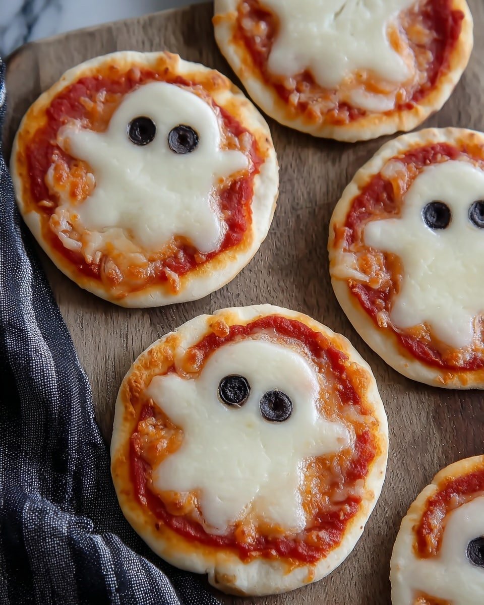 The image shows small round pizzas placed on a white marbled surface with a gray cloth underneath part of them. Each pizza has a light golden crust as the bottom layer, a layer of bright red tomato sauce spread evenly on top, and a layer of melted white cheese shaped like a cute ghost in the center. The ghost shapes have two round black eyes and a small curved black smile made from olives or similar ingredients. The cheese ghost slightly overlaps the tomato sauce, with some golden-browned cheese spots on the edges. The pizzas are placed on a wooden board, and the overall look is playful and festive. Photo taken with an iphone --ar 4:5 --v 7
