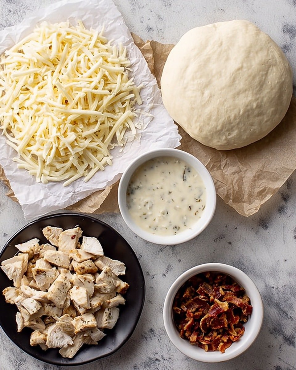 The image shows ingredients for a pizza laid out on a white marbled surface. There is a white ball of dough on the right side. To the left of the dough, shredded pale yellow cheese rests on crumpled parchment paper. Below the cheese, a black small plate holds chopped cooked chicken pieces with a light brown color. Next to the chicken is a small white bowl filled with a creamy white sauce speckled with herbs. On the far right, another small white bowl contains crispy brown bits, likely bacon or similar. photo taken with an iphone --ar 4:5 --v 7