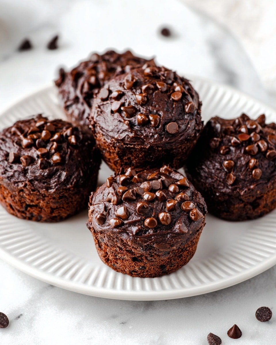 Five small chocolate muffins are on a white plate with ridged edges, each muffin topped with a thick layer of dark chocolate batter mixed with small, glossy chocolate chips scattered all over the top. The muffins have a rough, slightly bumpy texture, and a rich, dark brown color. A few loose chocolate chips are also scattered around the plate and on the white marbled surface beneath it. The photo taken with an iphone --ar 4:5 --v 7