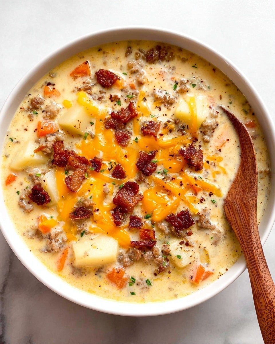 The image shows a white bowl filled with creamy soup that has many layers of ingredients. The base layer is thick and pale yellow with a smooth texture. Mixed in are soft chunks of pale potatoes and orange carrots, with small bits of browned ground meat spread evenly throughout. On top are scattered crispy dark brown bacon pieces and thin strips of melted bright orange cheese. There are small green herb bits sprinkled for color, and a dusting of black pepper. On the right edge, a wooden spoon rests partially submerged in the soup. The bowl sits on a white marbled surface. photo taken with an iphone --ar 4:5 --v 7