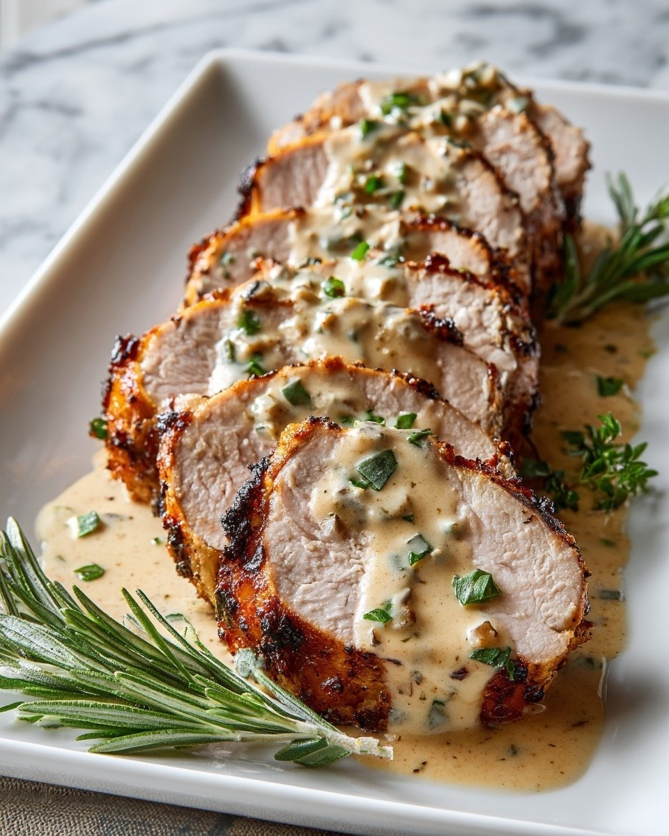 The image shows five thick slices of cooked pork tenderloin arranged in a row on a white rectangular plate on a white marbled surface. Each slice has a golden-brown, slightly charred outer crust with a tender, light pink center. The pork slices are topped with a creamy, beige sauce that has small green herb pieces sprinkled throughout. Fresh green herb leaves are scattered over both the pork and sauce. A few sprigs of rosemary rest beside the pork on the plate. The photo taken with an iphone --ar 4:5 --v 7