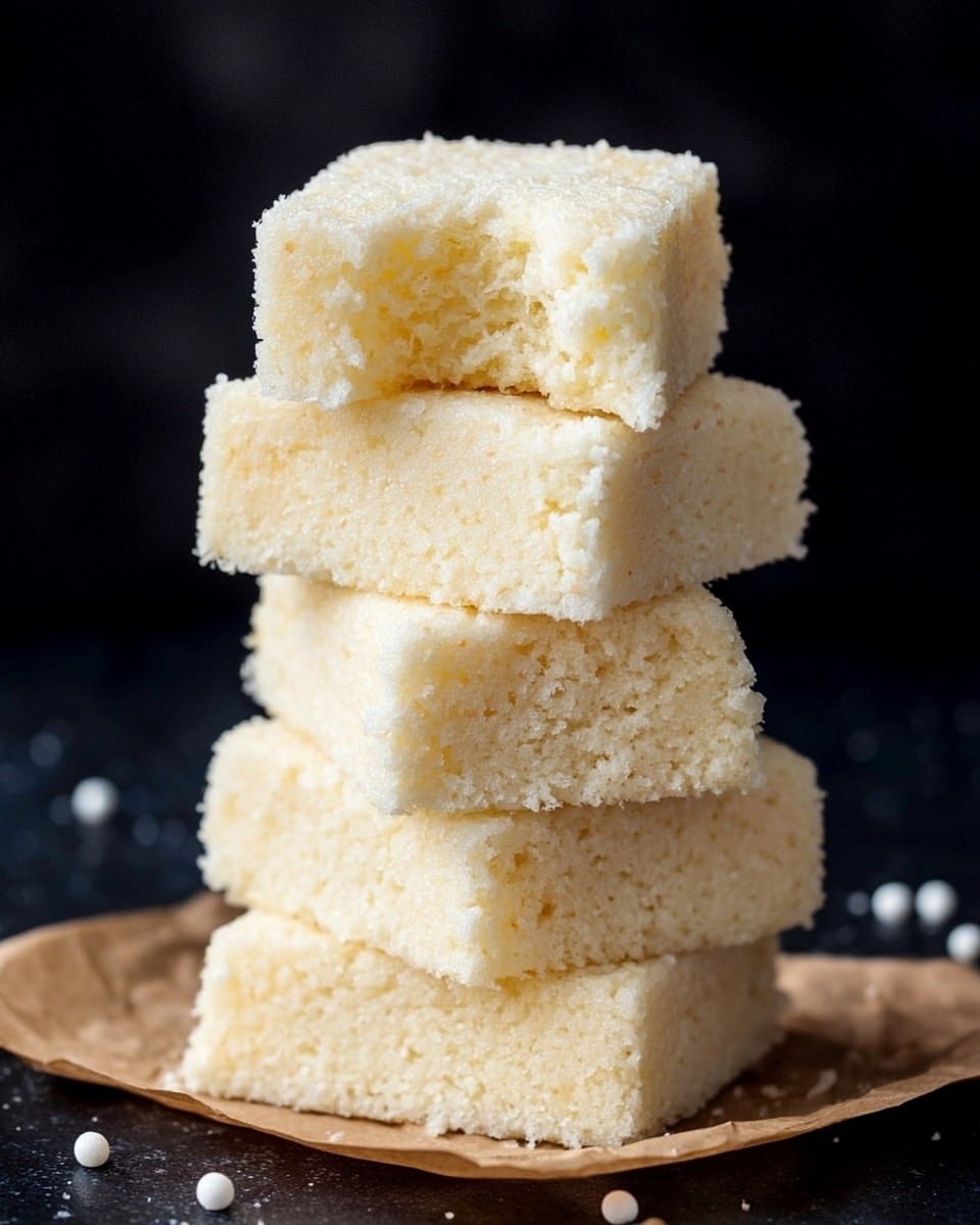 A stack of five soft, white squares with a fluffy, slightly crumbly texture is shown, with the top square having a bite taken out of it, revealing a spongy inside. The squares are placed on a small piece of brown parchment paper, set against a dark background that contrasts with the pale food. There are a few small white round sprinkles scattered near the base, adding subtle detail. The image is clear and closely focused on the stack, showing the airy texture of each square. photo taken with an iphone --ar 4:5 --v 7
