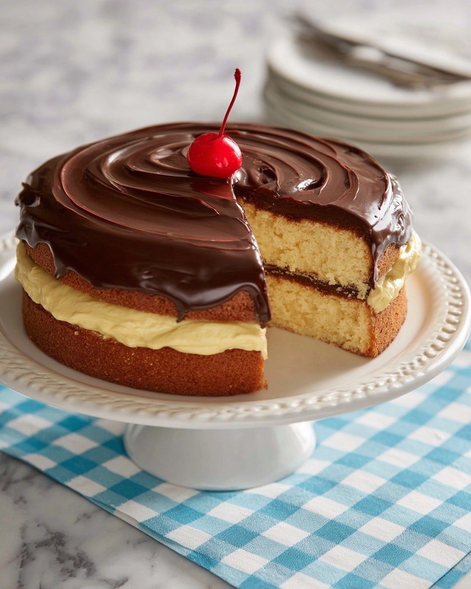 The image shows a two-layer cake on a white cake stand with a decorative edge, set on a white marbled surface with a blue checkered cloth underneath. The bottom and top layers are light brown sponge cake, and the middle layer is thick, creamy, yellowish frosting. The top layer of the cake is covered with a smooth, glossy dark chocolate glaze that has gentle swirling patterns. On the very top center, there is a bright red cherry with a long stem. A slice is taken out, showing the distinct layers clearly. Photo taken with an iphone --ar 4:5 --v 7
