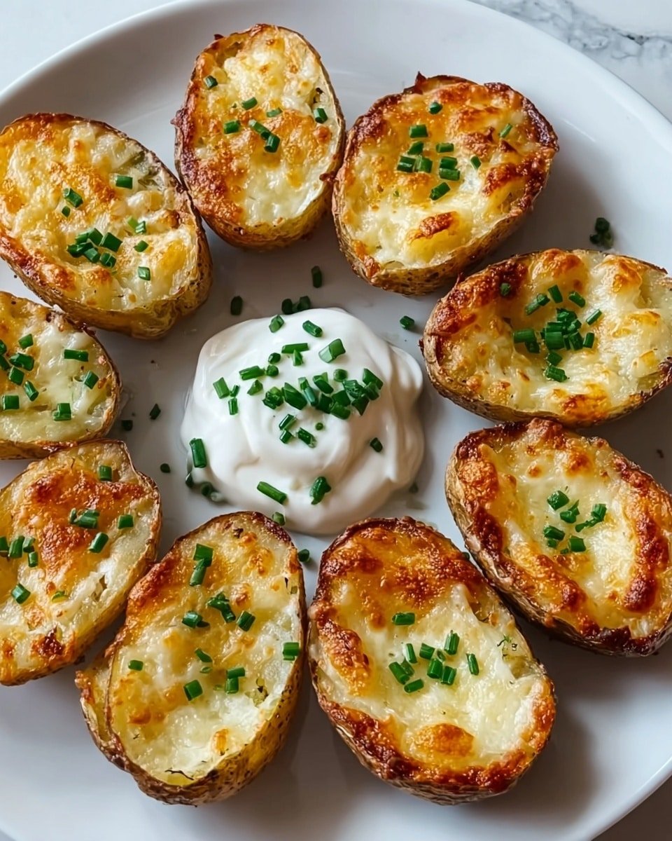 A white plate holds eight potato halves arranged in a circle, each with a golden-brown crispy top layer of melted cheese. The potatoes' skins are light brown with a slightly wrinkled texture. Each potato half is sprinkled with small pieces of green chives. In the center of the plate, there is a dollop of white sour cream topped with more chopped green chives. The plate rests on a white marbled surface. photo taken with an iphone --ar 4:5 --v 7