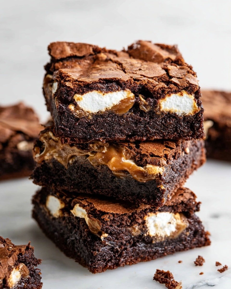 A stack of three square brownies sits on a white marbled surface, each brownie showing three distinct layers: a thin, cracked dark brown top layer with textured cracks revealing soft white marshmallows peeking through, a middle thick dark brown chewy brownie layer with melted caramel oozing slightly, and a base layer of the same dark brown brownie. The marshmallows are unevenly distributed, creating a contrast against the rich chocolate color. There are a few crumbs scattered around the stack, and another piece of brownie is partially visible in the background. Photo taken with an iphone --ar 4:5 --v 7