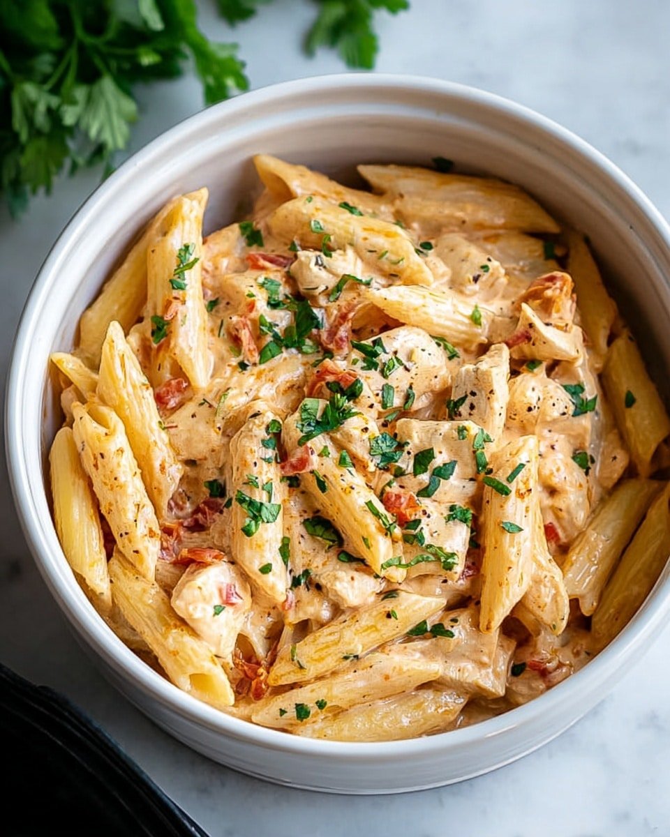 A white round bowl with creamy pasta inside, showing about two layers of penne pasta and small pieces of white chicken mixed with light orange creamy sauce. There are small bits of red tomato and green parsley sprinkled on top and a little sauce spread on the bowl's inner rim. The bowl sits on a white marbled surface, and some green leaves can be seen blurred near the top left. photo taken with an iphone --ar 4:5 --v 7