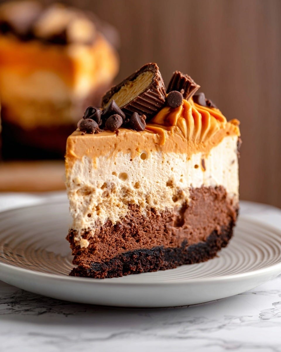 The image shows a pie with three visible layers inside a white pie dish: a bottom dark brown crust, a middle thick layer of chocolate mousse with a smooth texture, and a top layer of light tan cream swirled with caramel-colored sauce creating a marbled effect. The top is decorated with pieces of chocolate peanut butter cups and scattered small chocolate chips, especially along the edges. The pie dish rests on a white marbled surface, with some crumbs inside the dish and the wooden table partially visible in the background. Photo taken with an iphone --ar 4:5 --v 7
