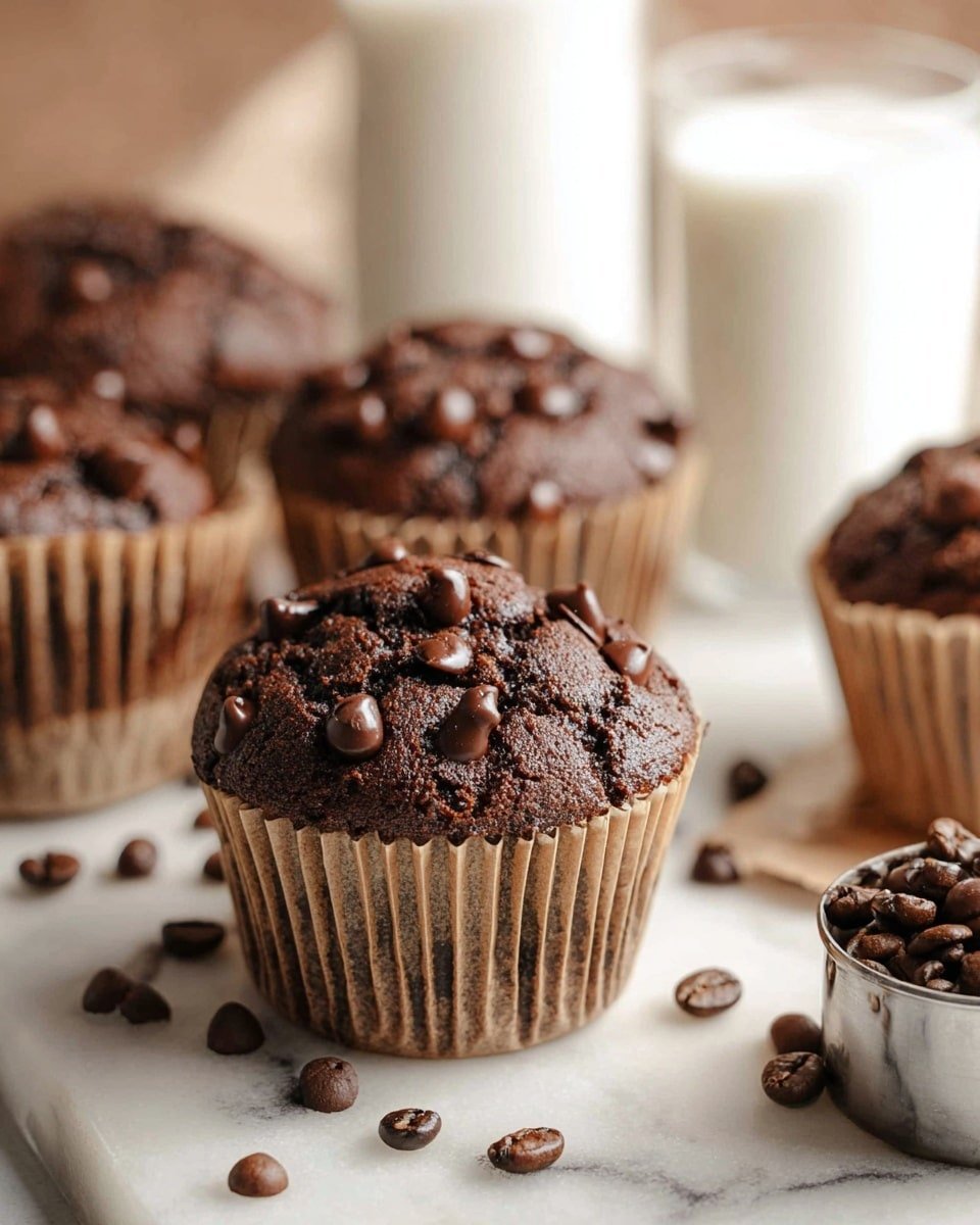 Two dark brown chocolate muffins with a rough, cracked top covered in small, glossy chocolate chips are stacked on top of each other at the center. Around them, more muffins with similar texture and chocolate chips appear, sitting on light brown parchment paper. There are scattered dark coffee beans on the white marbled surface. In the background, three glass bottles filled with white milk softly blur, adding lightness to the image. A small silver container filled with dark coffee beans is placed on the right side. Photo taken with an iphone --ar 4:5 --v 7