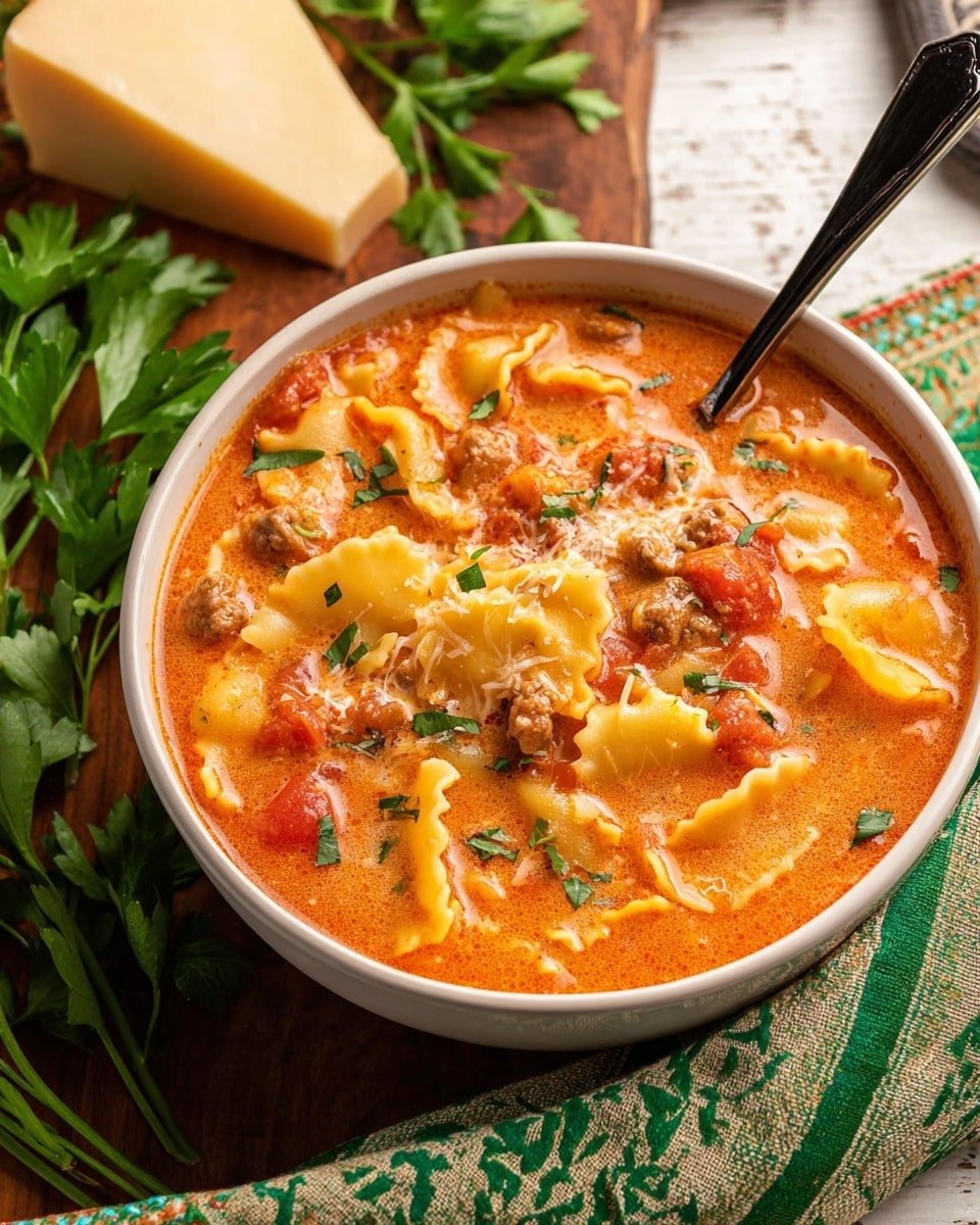 The image shows a close-up of a dish in a black pot filled with layers of wavy-edged pasta, rich brown ground meat, bright red tomato chunks, and a thick orange-red sauce mixed with bits of melted cheese. The pasta has a slightly soft texture with some edges curled up, and the sauce is speckled with green herbs on top. A black ladle lifts a portion of the pasta, meat, tomatoes, and sauce from the pot. The white marbled texture is barely visible around the edges of the pot. photo taken with an iphone --ar 4:5 --v 7