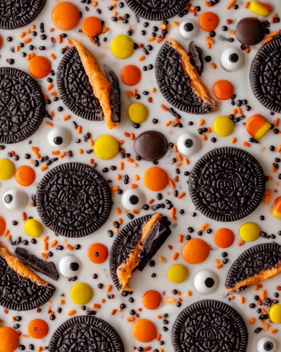 A close-up view of a smooth white layer topped with broken dark chocolate sandwich cookies filled with bright orange cream, scattered whole and in halves and quarters across the surface. Among the cookies, there are small round candy pieces in orange, yellow, and brown colors, mixed with tiny black and orange sprinkle dots and pairs of small white candy eyes with black pupils, adding a playful and colorful look. The background is a white marbled texture photo taken with an iphone --ar 4:5 --v 7