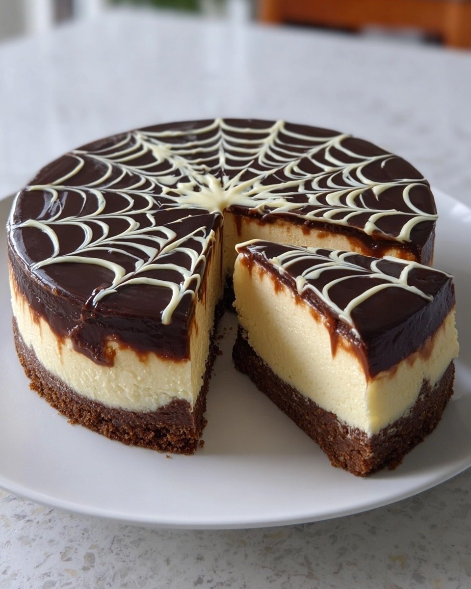 A round cake with three clear layers sits on a white plate over a white marbled surface. The bottom layer is a crumbly brown crust. The middle layer is thick, creamy, and pale yellow. The top layer is a smooth, dark chocolate glaze decorated with a white chocolate spiderweb pattern, creating a striking contrast. One slice has been removed, showing the inside of the cake with the layers visible. Photo taken with an iphone --ar 4:5 --v 7