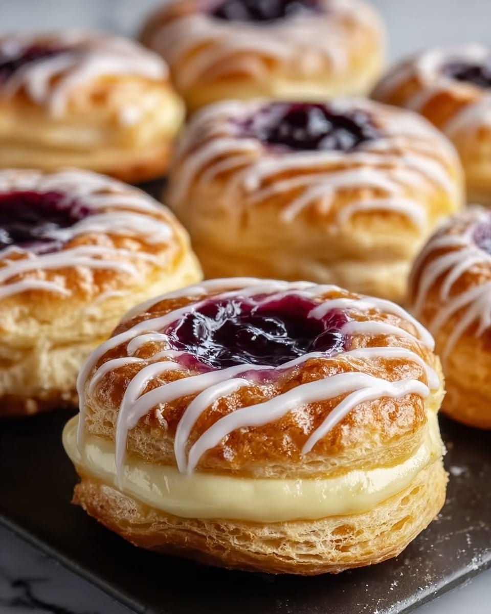 The image shows several round pastries with three main layers: a golden brown puffed bottom layer, a thick pale yellow middle cream layer, and a top layer of golden puff pastry with a slightly shiny finish. Each pastry has a deep purple jam filled in a shallow well at the center of the top layer, surrounded by white icing drizzled in stripes over the pastry surface. The pastries are placed closely together on a dark baking tray with a soft focus on the background, all set against a white marbled texture. photo taken with an iphone --ar 4:5 --v 7