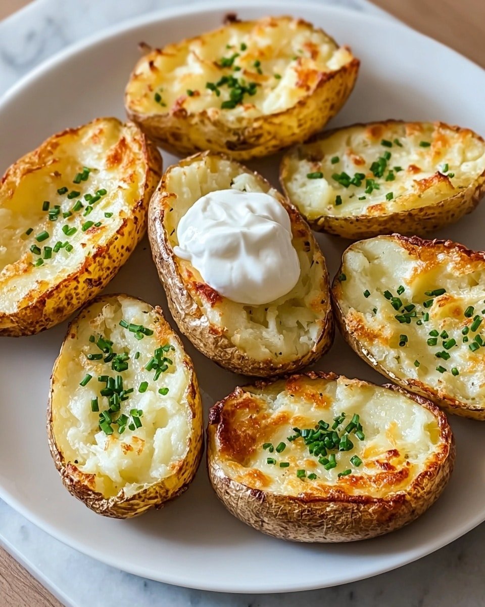A white plate holds eight potato halves, each with a golden, slightly browned mashed potato layer inside the skin. The potato skins are light brown with speckles, and the mashed potato filling is creamy white with toasted spots on top. One potato half is topped with a dollop of white sour cream and sprinkled with small, green chopped chives. The other potato halves are also sprinkled with chives, giving a fresh green color contrast against the golden and white tones of the potatoes. The plate sits on a white marbled surface. photo taken with an iphone --ar 4:5 --v 7