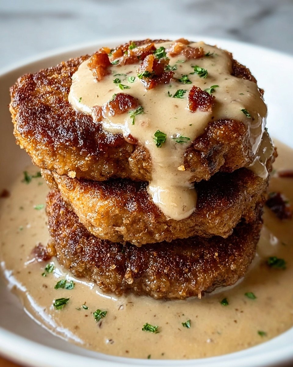 The image shows three thick, round meat patties stacked on top of each other on a white plate. Each patty is golden brown with a crunchy texture on the outside. The top patty is partially covered in a creamy beige-colored sauce that has small bits of bacon and green herbs mixed in. The sauce spreads around the patties on the plate, creating a smooth, glossy layer at the base. The background is a white marbled surface, giving a clean and simple look. photo taken with an iphone --ar 4:5 --v 7