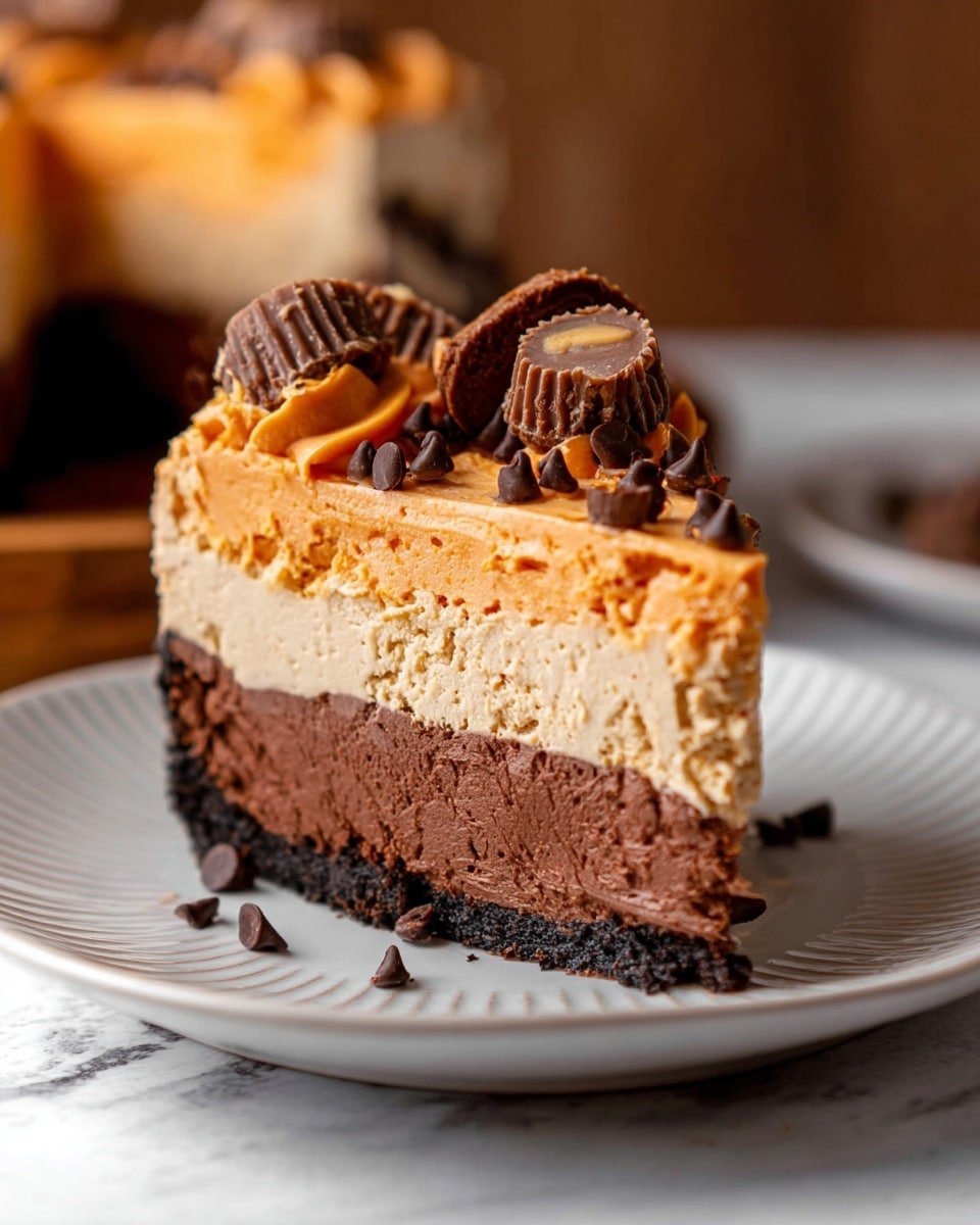 A close-up of a slice of cake on a white plate with a ridged edge, placed on a white marbled surface. The cake has three layers: the bottom is a thick chocolate base with a smooth, dense texture; the middle layer is a lighter, creamy coffee-colored mousse; the top layer is thick, swirled orange frosting. On top, there are small dark chocolate chips scattered and several small chocolate peanut butter cup pieces arranged randomly. In the background, another slice of the cake is blurred. Photo taken with an iphone --ar 4:5 --v 7